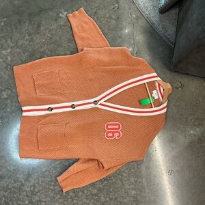 aerie Rust-Orange Knit Cardigan with White & Red Stripes